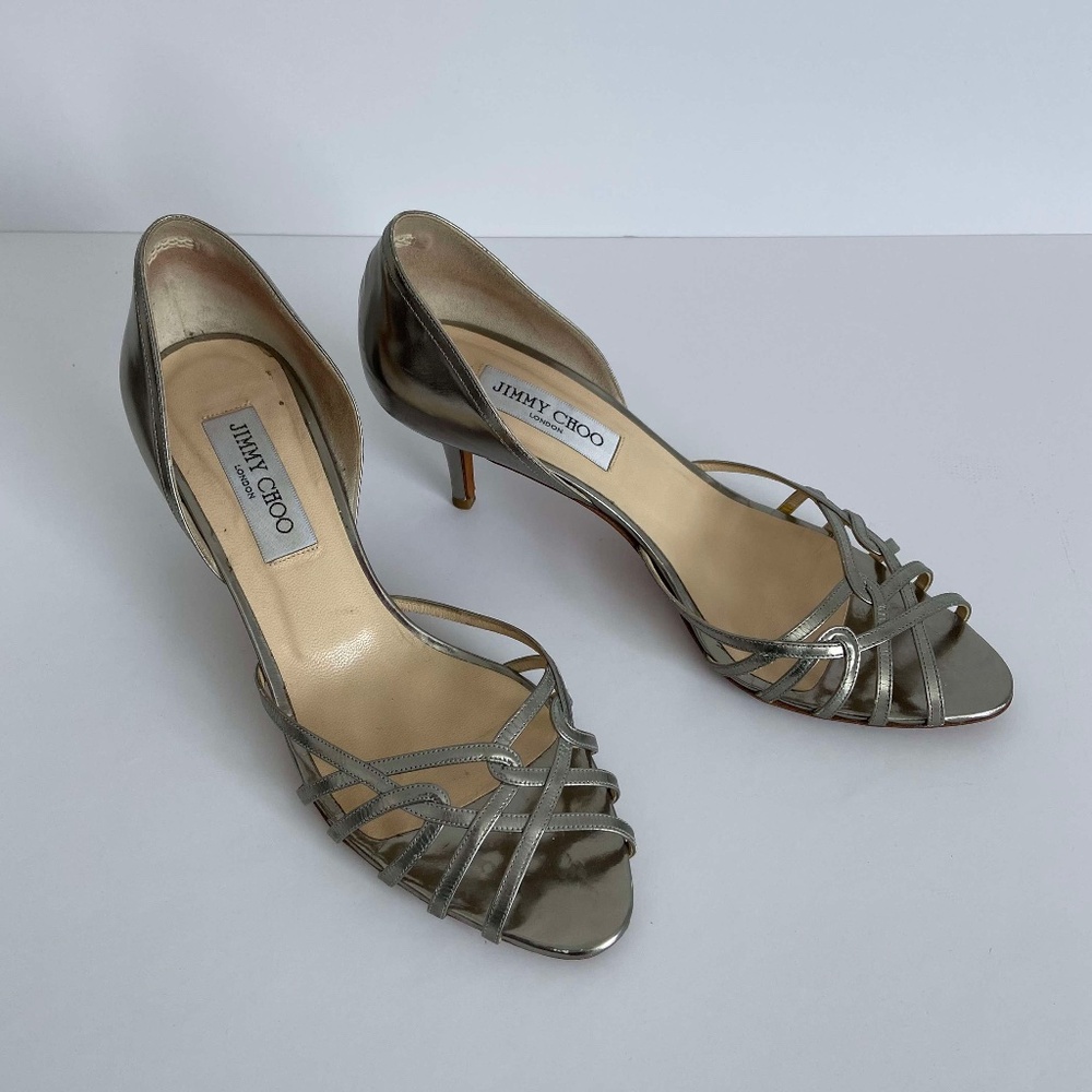 JIMMY CHOO PEWTER SILVER SANDALS KITTEN HEELS OPEN TOE METALLIC VINTAGE FORMAL - Picture 4 of 10